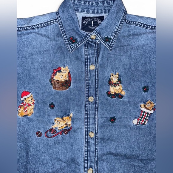 Solutions Tops - Denim Shirt with Cat Embroidery